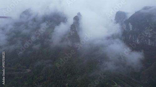 Dehang Grand Canyon Hunan China Aerial View with Misty Clouds