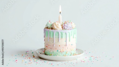 Pastel mini birthday cake with candle and confetti sprinkles
