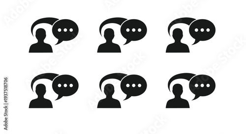 User chat and communication icon set, profile avatars with speech bubbles, feedback icons, customer support symbols, social messaging vector graphics.