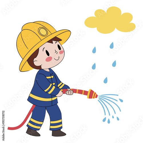 Cheerful cartoon child firefighter holding red hose spraying water in playful safety education scene