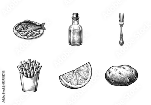 Set of vintage woodcut style illustrations featuring fish and chips ingredients including sea bream lemon potato and vinegar