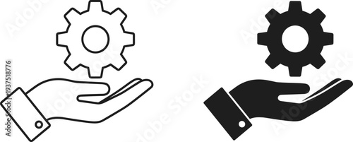 Vector icon of a human hand holding a mechanical gear, representing technical support, maintenance services, engineering solutions, and business management.