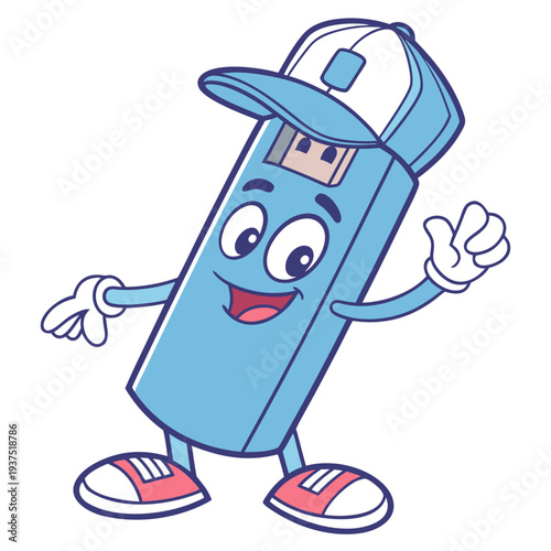 Friendly blue cartoon USB flash drive mascot wearing baseball cap for data storage technology