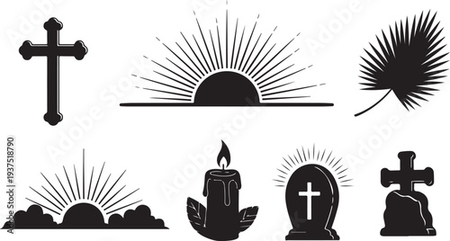 Easter Sunday symbols and Christian faith icons in black