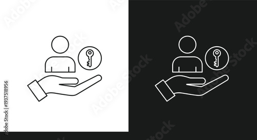 Vector illustration of a hand holding a person with a key icon, symbol for customer access, security, and personal service