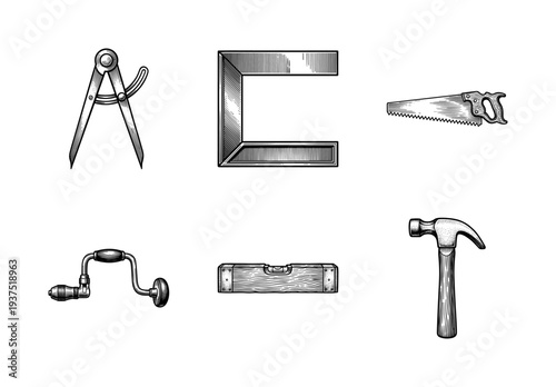 Vintage woodworker and carpentry hand tools collection in a detailed black and white engraving style featuring a hammer saw level and drill