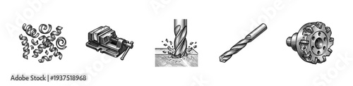Industrial machining and metalworking equipment set featuring hand-drawn vintage engraving illustrations of drill bits, vise, milling cutter, and metal shavings.