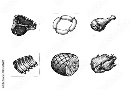Vintage engraving style collection of meat products featuring steak, sausages, chicken drumstick, pork ribs, ham, and whole poultry on a white background.