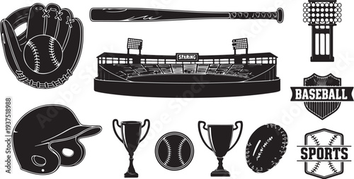 Baseball Sports Equipment and Stadium Icons in Black Silhouette