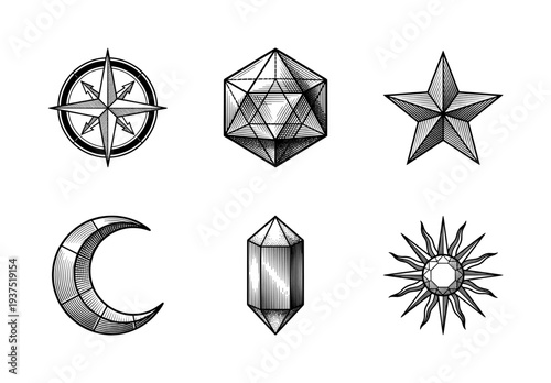 Set of black and white hand drawn mystical symbols including sun moon star compass and geometric crystals in vintage engraving style
