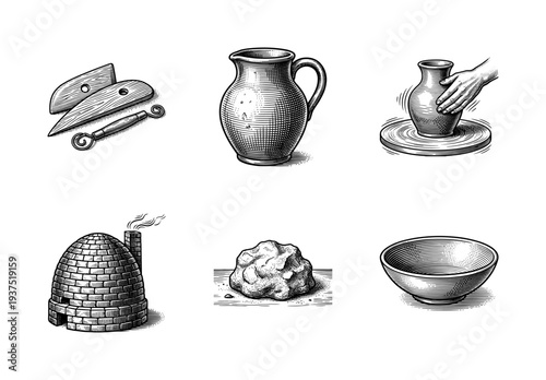 Vintage engraving style pottery and ceramics production icons including kiln wheel clay and finished vessels