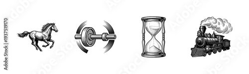 Vintage engraving style collection featuring a galloping horse, mechanical rotating wheel, traditional hourglass, and steam locomotive engine.