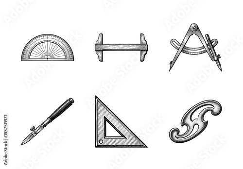 Vintage engraving style collection of drafting and technical drawing tools including protractor compass and square
