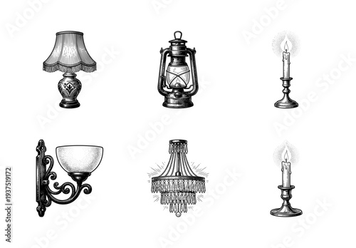 Collection of vintage lighting fixtures and antique lamps in a detailed black and white engraving style