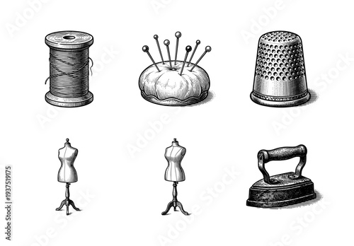 Vintage engraving set of sewing and tailoring equipment featuring thread spool pincushion thimble dress forms and antique iron in a woodcut style.