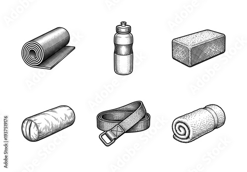 A collection of yoga and fitness equipment icons in a vintage woodcut engraving style featuring a mat, water bottle, foam block, bolster, strap, and towel