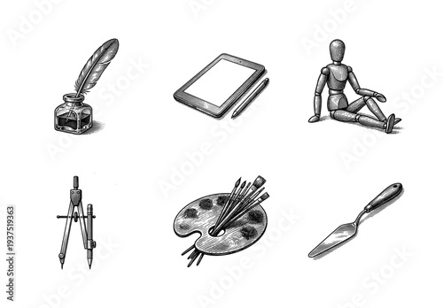 Set of artistic tools and equipment icons in a vintage woodcut engraving style including palette brushes and drawing tablet
