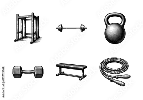 Vintage woodcut style collection of fitness equipment including weights bench and jump rope