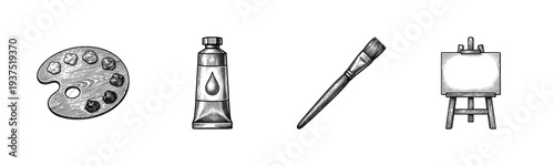 Vintage engraving style set of artist tools including a wooden palette, oil paint tube, paintbrush, and canvas on a tripod easel.