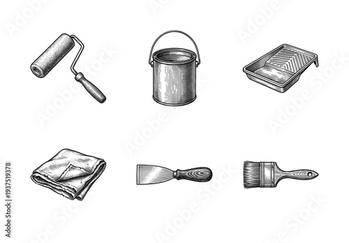 Vintage engraving style collection of house painting tools including roller, paint bucket, tray, drop cloth, putty knife, and brush