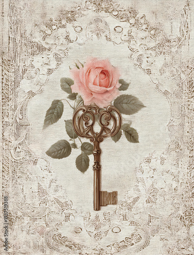 Vintage key features ornate design holding a rose