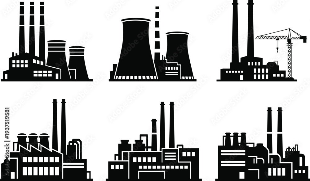 Obraz premium Vector collection of industrial factory silhouettes featuring power plants, manufacturing buildings, smoke stacks, nuclear cooling towers, and construction cranes for urban engineering.