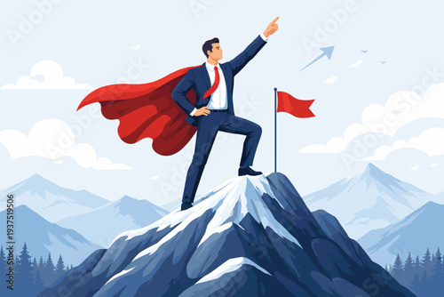 Businessman Superhero in Suit and Red Cape Standing on Top of Mountain Peak Pointing Up, Concept of Success, Ambition, Leadership, Career Growth, Achievement, and Reaching Business Goals