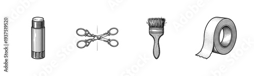 Vintage style engraving collection of craft and office supplies including a glue stick, ornate scissors, paint brush, and adhesive tape roll.