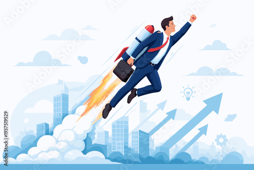 Ambitious businessman flying with a rocket jetpack over a city skyline with growth arrows and lightbulb icon. Concept of business startup success, career boost, leadership, and innovation.