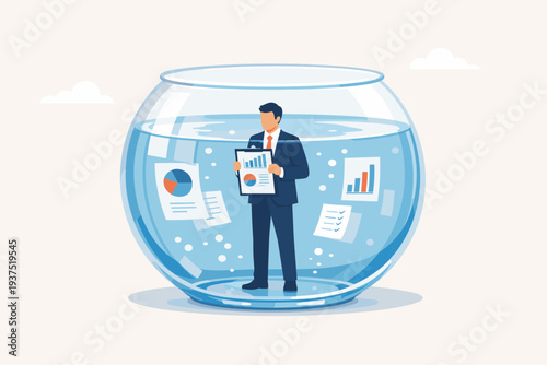 Businessman Standing in a Fishbowl Holding Financial Reports and Data Charts, Representing Business Transparency, Corporate Integrity, Accountability, and Public Scrutiny Concept Illustration