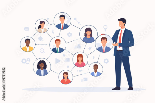 Human Resources and Employee Management Concept with Businessman Organizing a Diverse Team of Professionals in a Connected Network, Recruitment, Corporate Leadership, and Staff Networking Vector