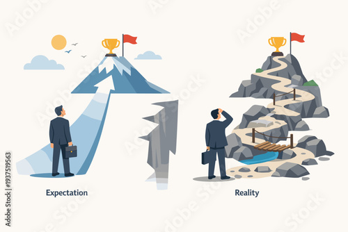 Expectation vs Reality Business Concept Illustration with Businessman Looking at a Straight Path to Success Versus a Winding Rocky Road with Obstacles to Reach the Trophy on a Mountain Peak Goal.