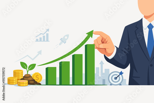 Professional businessman pointing to a rising green bar chart with an upward arrow, representing financial growth, profit increase, capital gain, growing investment, and market domination.