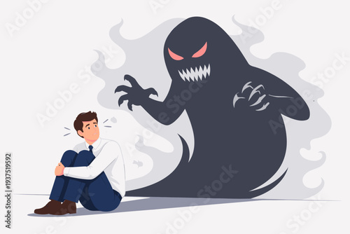 Man Suffering from Fear and Anxiety Sitting on Floor with Large Scary Shadow Monster Behind Him, Concept of Panic Attack, Mental Health Issues, Depression, Phobia, Stress, and Inner Demons Vector