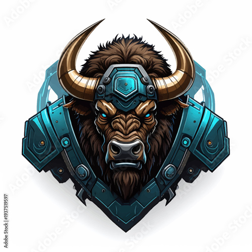 Digital illustration of a bison wearing futuristic metallic armor with a blue and gold color scheme on a white background