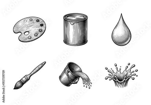 Vintage engraving style art and painting icons set featuring palette, paint can, droplet, brush, bucket, and splash