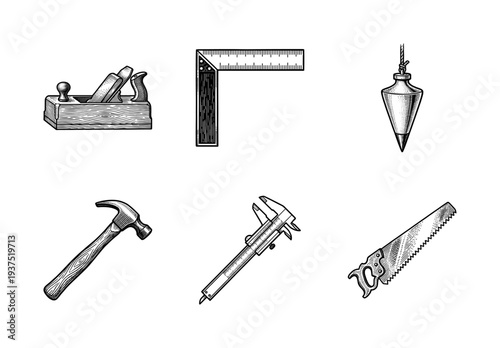 Vintage woodcut illustration of traditional woodworking hand tools including plane, square, plumb bob, hammer, caliper, and saw