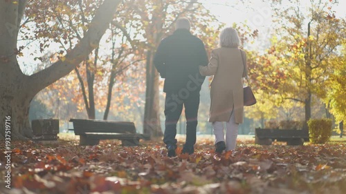 Elderly couple walking arm in arm through a park covered in autumn leaves