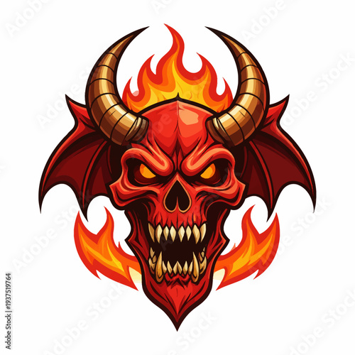 A cartoon illustration of a red devil skull with horns and flames on a white background