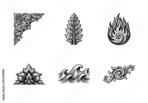 Vintage engraving collection of ornamental flourishes including acanthus leaves fire flames ocean waves and baroque corner elements in a classic woodcut style.