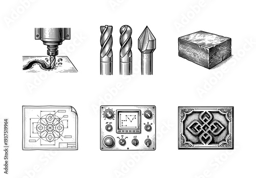 Industrial CNC milling and metalworking icon set featuring drill bits, engineering blueprints, control panels, and ornate engraved metal patterns in a vintage woodcut style.