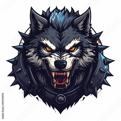 A fierce cartoon wolf's head with sharp teeth and spiked collar on a white background