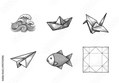 Collection of black and white hand drawn engravings featuring origami figures, ocean waves, a fish, and folding diagrams in a vintage woodcut style.