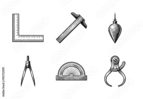 Vintage engraving of essential drafting and measurement tools including square, t-square, plumb bob, compass, protractor, and calipers on a white background