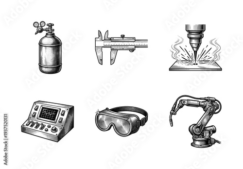 Industrial manufacturing and engineering equipment icons collection featuring welding tools, precision measurement, and robotics in a vintage woodcut engraving style
