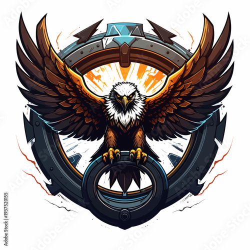 A detailed illustration of an eagle with spread wings, set against a metallic emblem with vibrant orange and blue accents on a white background