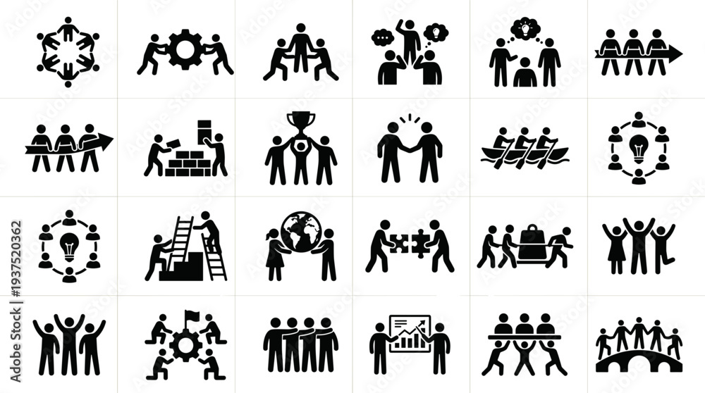Obraz premium A set of black and white vector icons depicting teamwork and collaboration on transparent background
