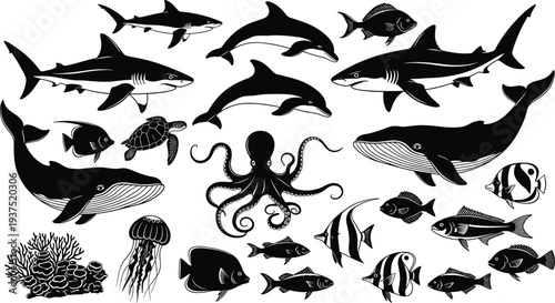 Vector collection of marine life silhouettes featuring whales, dolphins, sharks, an octopus, sea turtles, and tropical fish for aquatic underwater designs.