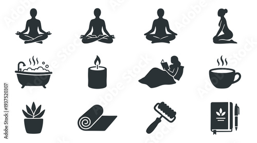 A set of black silhouettes depicting various self-care and wellness activities on transparent background