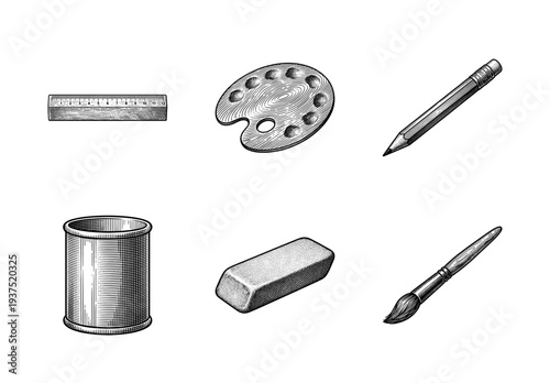 Set of vintage engraving style art and stationery supplies including ruler palette pencil jar eraser and paintbrush on white background